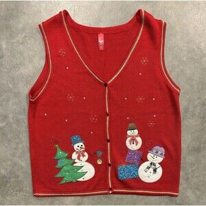 Holiday Sweater Vest Womens XXL Red Snowman Christmas Cardigan Ugly Christmas